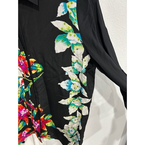 Diane Gilman Black Silk Shirt Cockatoo Tropical Bird Floral Print Sz Medium - Picture 5 of 10
